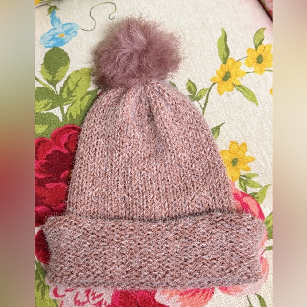 Handmade Hand Crafted Knit Slouchy Hat with Fur Pompom rose gold